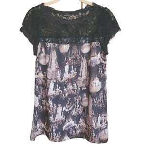TED BAKER Silk and Lace Black Chandelier Print Blouse Size M